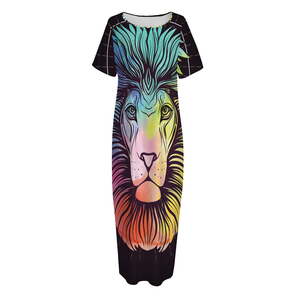 Colorful Leo Sign Print Short Sleeve Long Nightdress