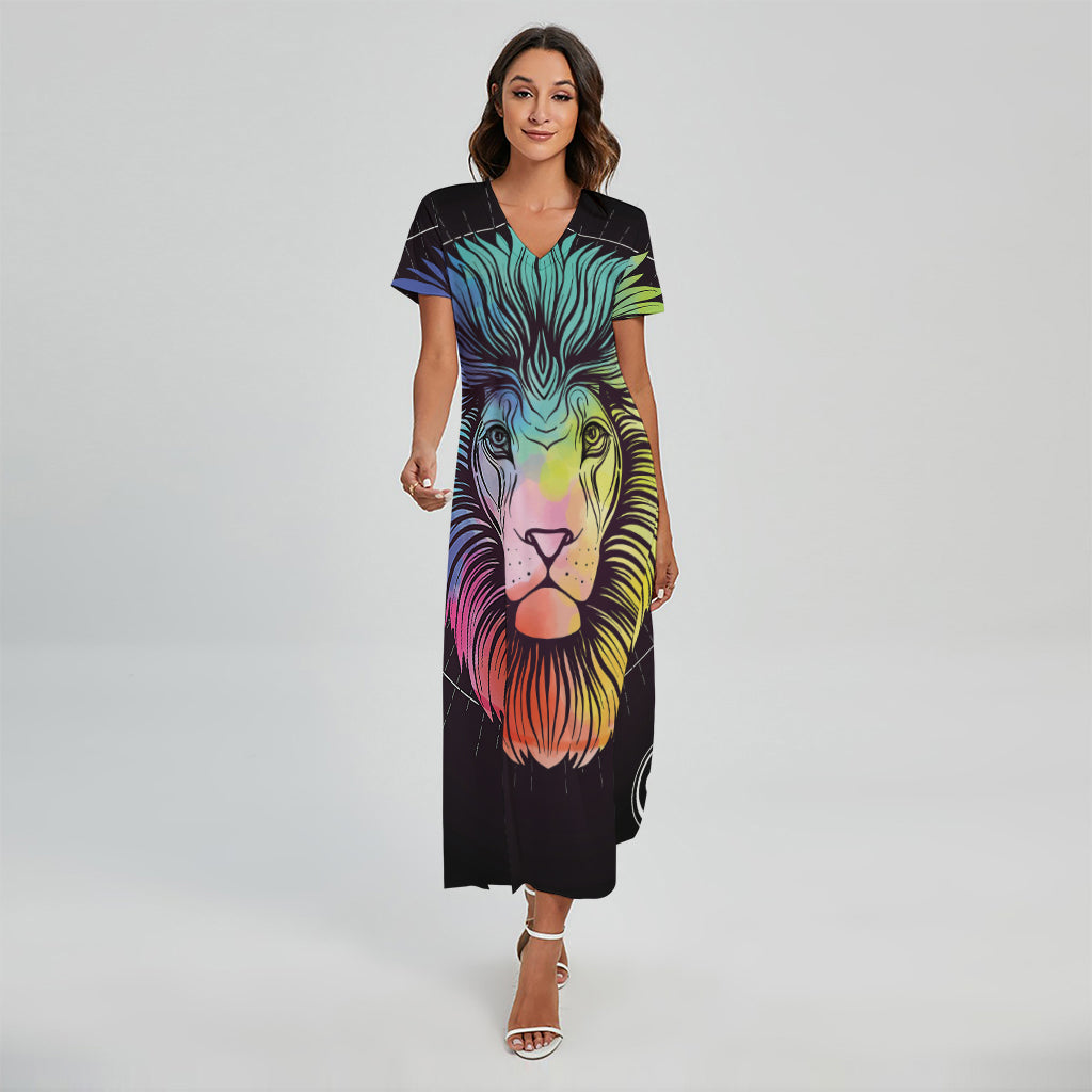 Colorful Leo Sign Print Short Sleeve Maxi Dress