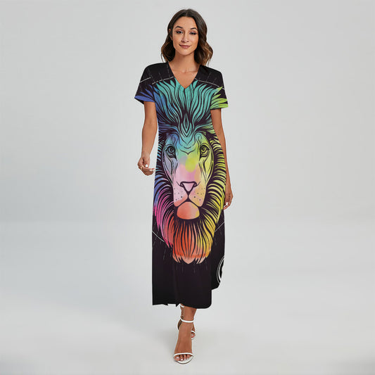 Colorful Leo Sign Print Short Sleeve Maxi Dress