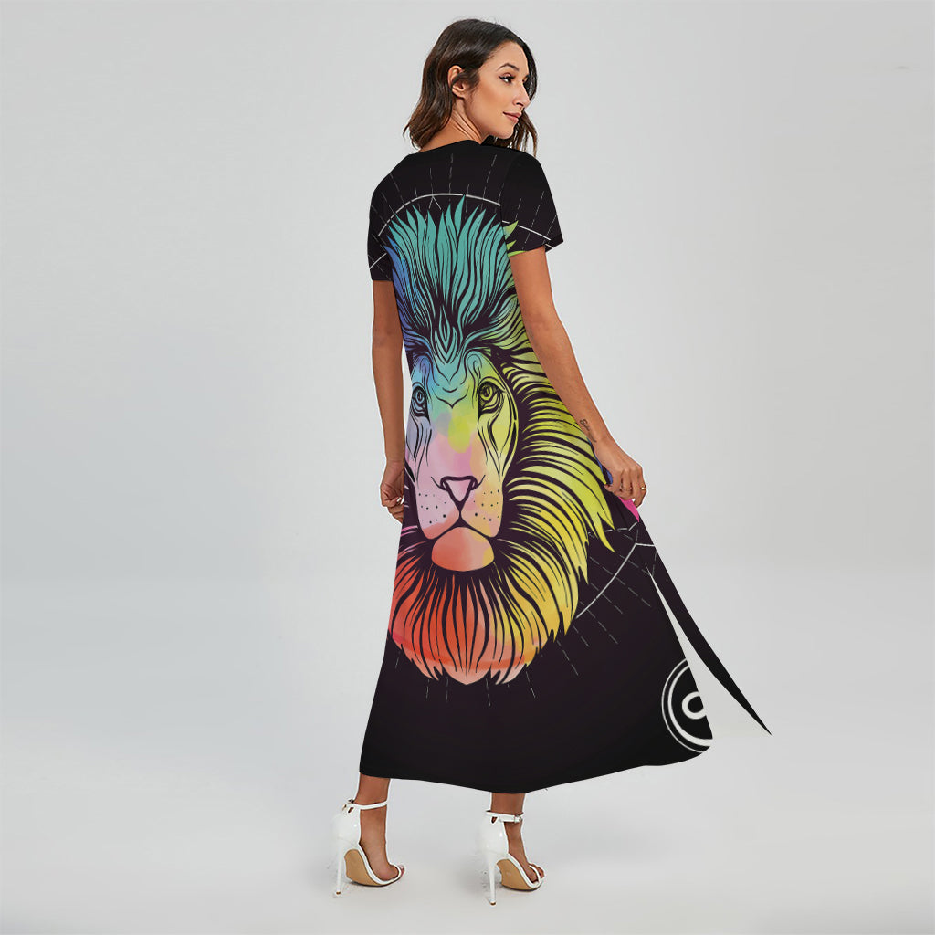 Colorful Leo Sign Print Short Sleeve Maxi Dress