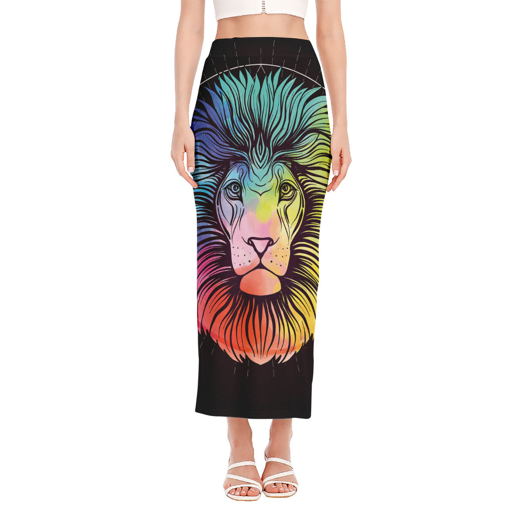 Colorful Leo Sign Print Side Slit Maxi Skirt