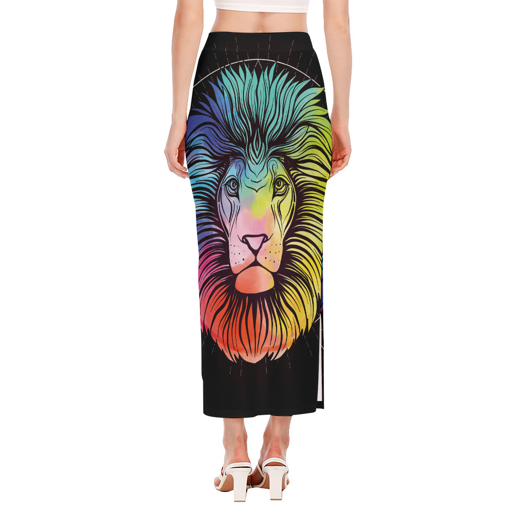 Colorful Leo Sign Print Side Slit Maxi Skirt