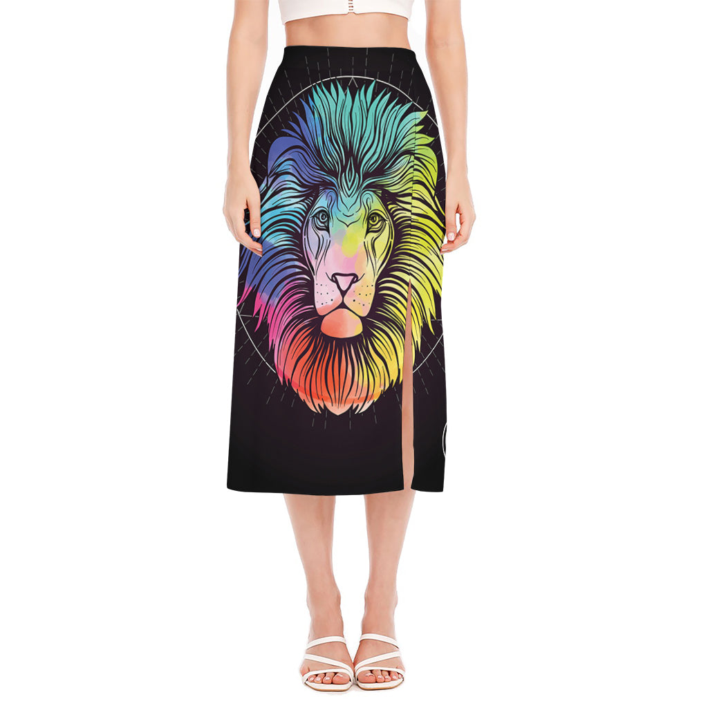 Colorful Leo Sign Print Side Slit Midi Skirt