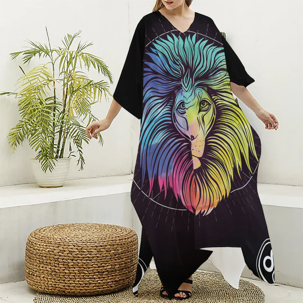 Colorful Leo Sign Print Silk V-Neck Kaftan Dress