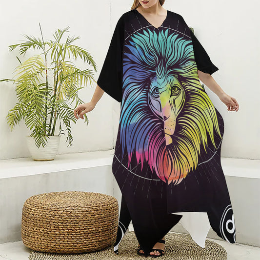 Colorful Leo Sign Print Silk V-Neck Kaftan Dress