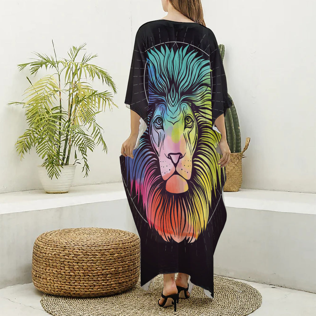 Colorful Leo Sign Print Silk V-Neck Kaftan Dress