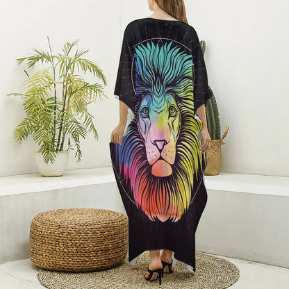 Colorful Leo Sign Print Silk V-Neck Kaftan Dress
