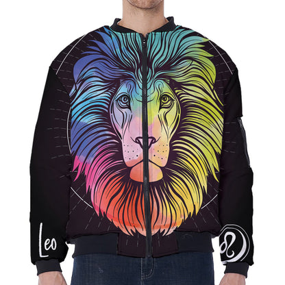Colorful Leo Sign Print Zip Sleeve Bomber Jacket