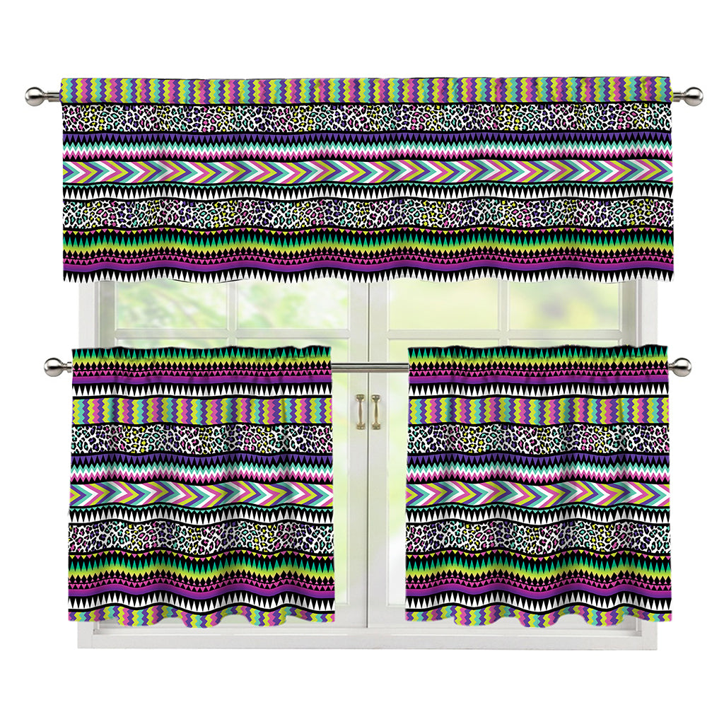 Colorful Leopard Navajo Tribal Print 3 Piece Kitchen Curtains