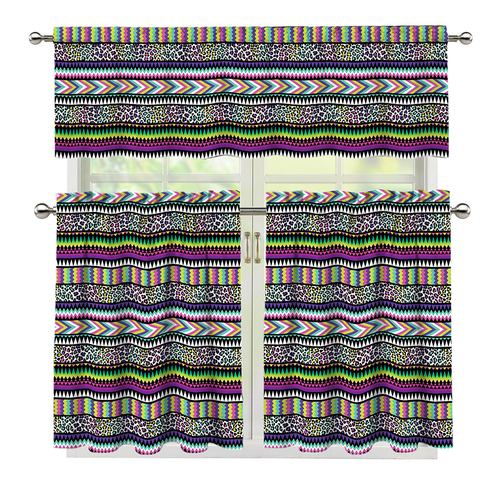 Colorful Leopard Navajo Tribal Print 3 Piece Kitchen Curtains