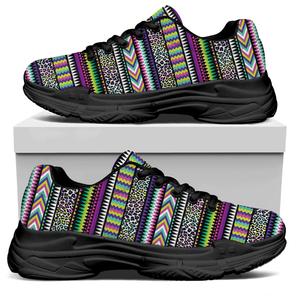 Colorful Leopard Navajo Tribal Print Black Chunky Shoes