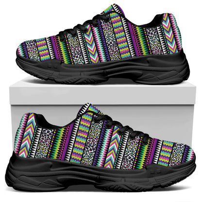 Colorful Leopard Navajo Tribal Print Black Chunky Shoes