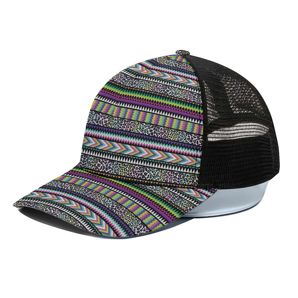 Colorful Leopard Navajo Tribal Print Black Mesh Trucker Cap
