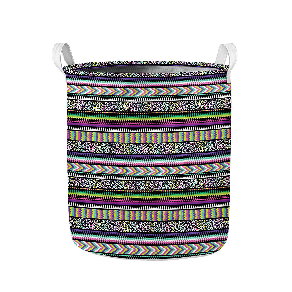 Colorful Leopard Navajo Tribal Print Collapsible Laundry Basket