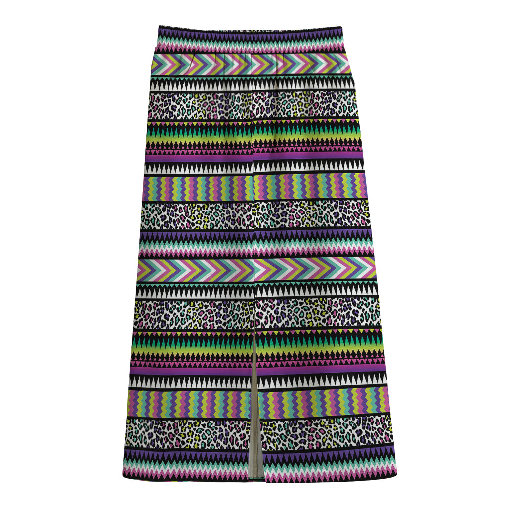 Colorful Leopard Navajo Tribal Print Cotton Front Slit Maxi Skirt