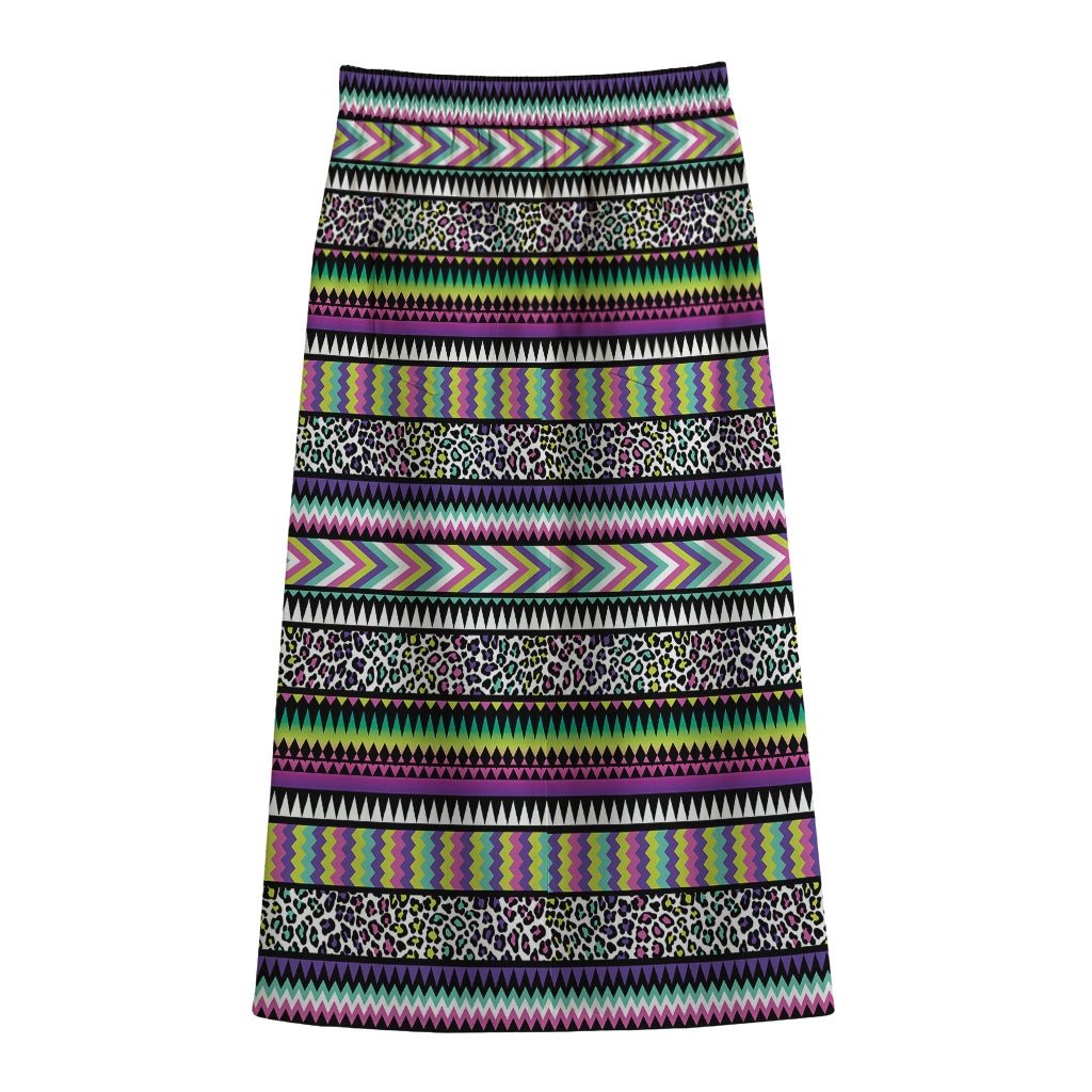 Colorful Leopard Navajo Tribal Print Cotton Front Slit Maxi Skirt