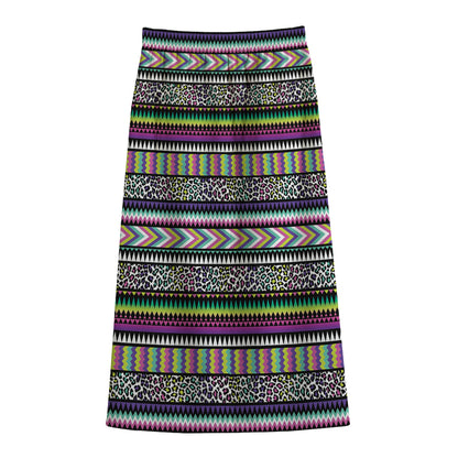 Colorful Leopard Navajo Tribal Print Cotton Front Slit Maxi Skirt