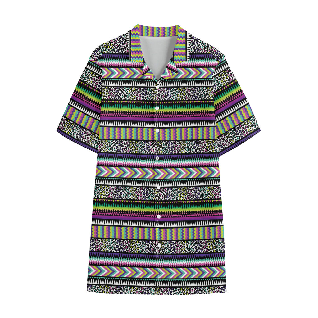 Colorful Leopard Navajo Tribal Print Cotton Hawaiian Shirt