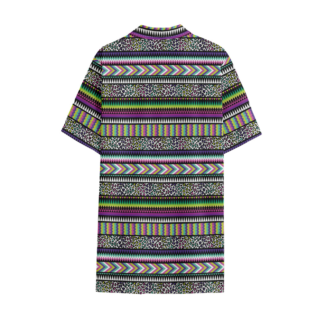 Colorful Leopard Navajo Tribal Print Cotton Hawaiian Shirt