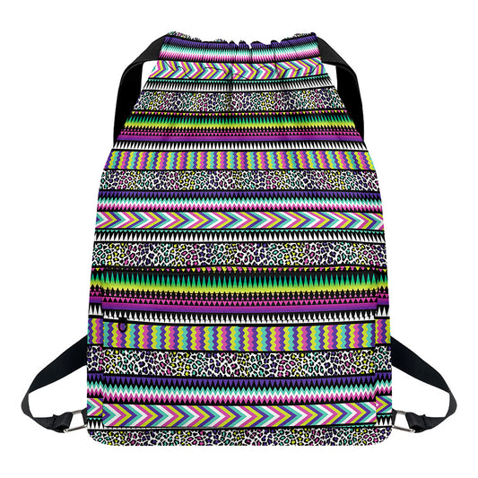 Colorful Leopard Navajo Tribal Print Drawstring Backpack