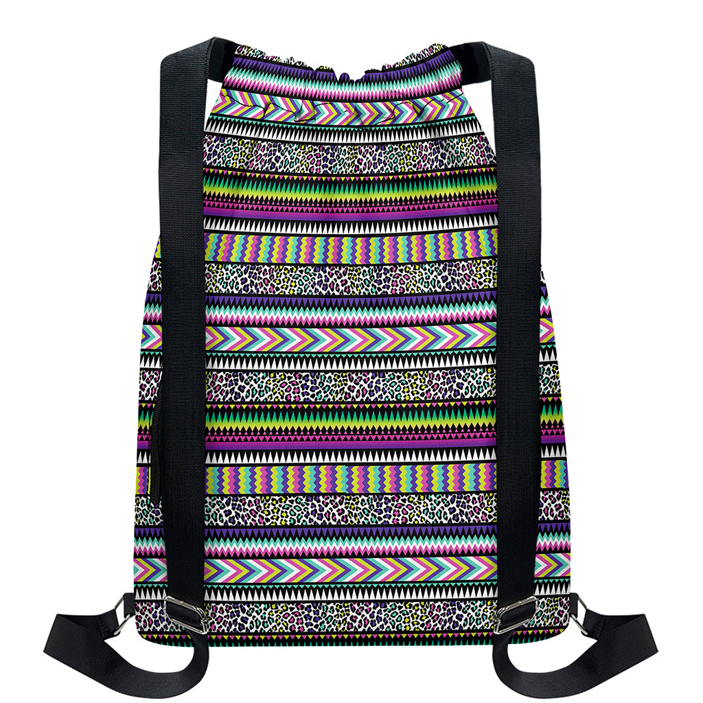 Colorful Leopard Navajo Tribal Print Drawstring Backpack