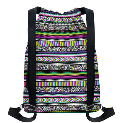 Colorful Leopard Navajo Tribal Print Drawstring Backpack