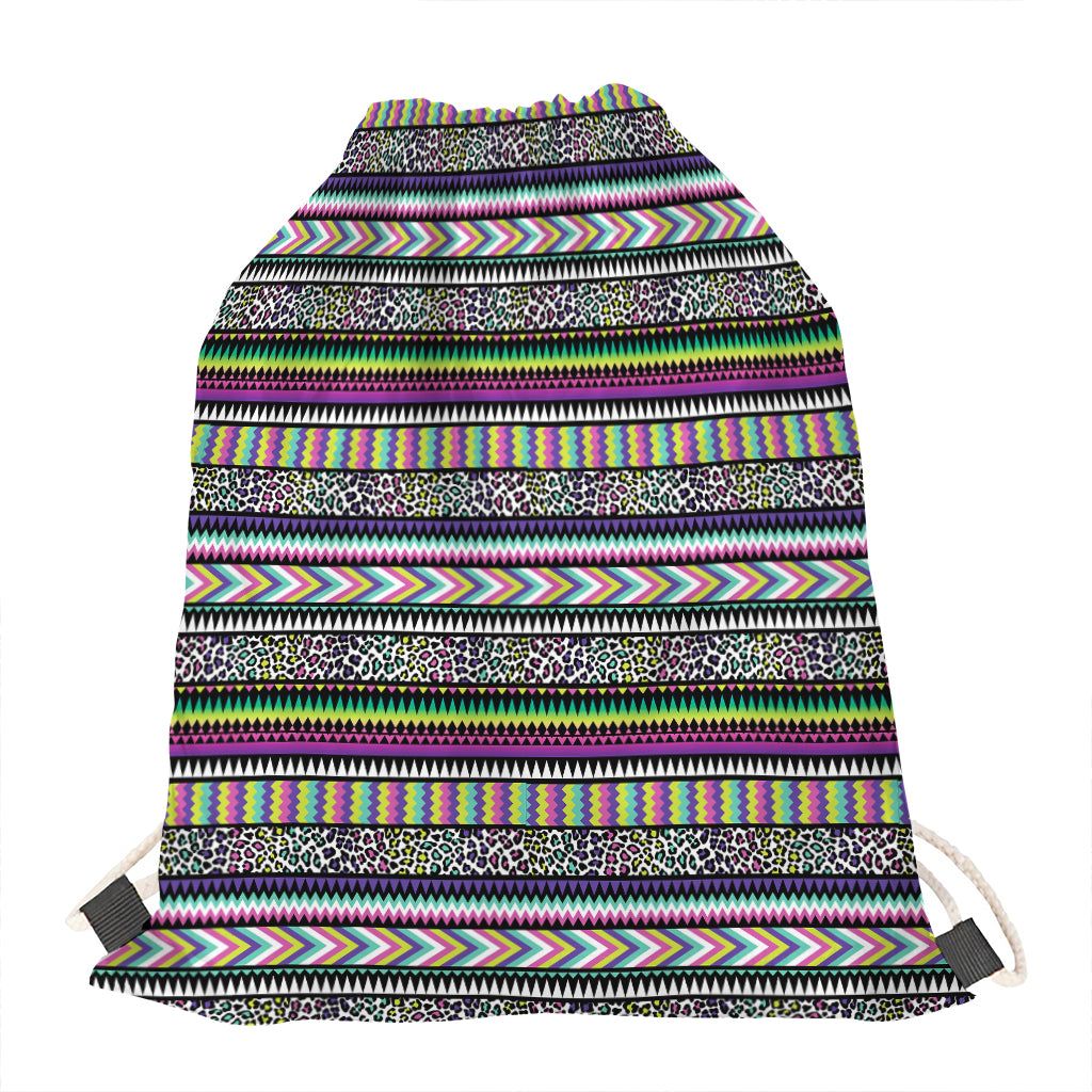 Colorful Leopard Navajo Tribal Print Drawstring Bag