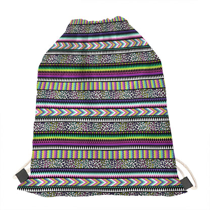 Colorful Leopard Navajo Tribal Print Drawstring Bag