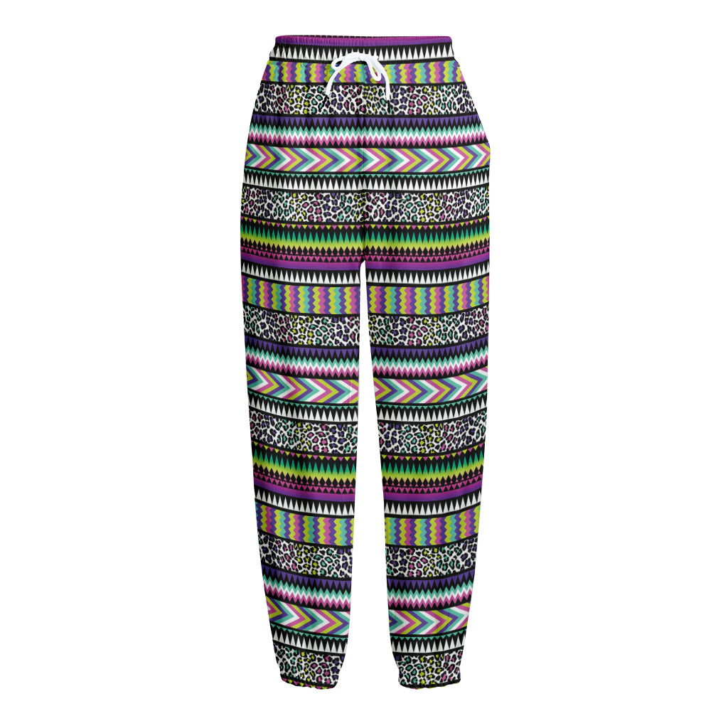 Colorful Leopard Navajo Tribal Print Fleece Lined Knit Pants
