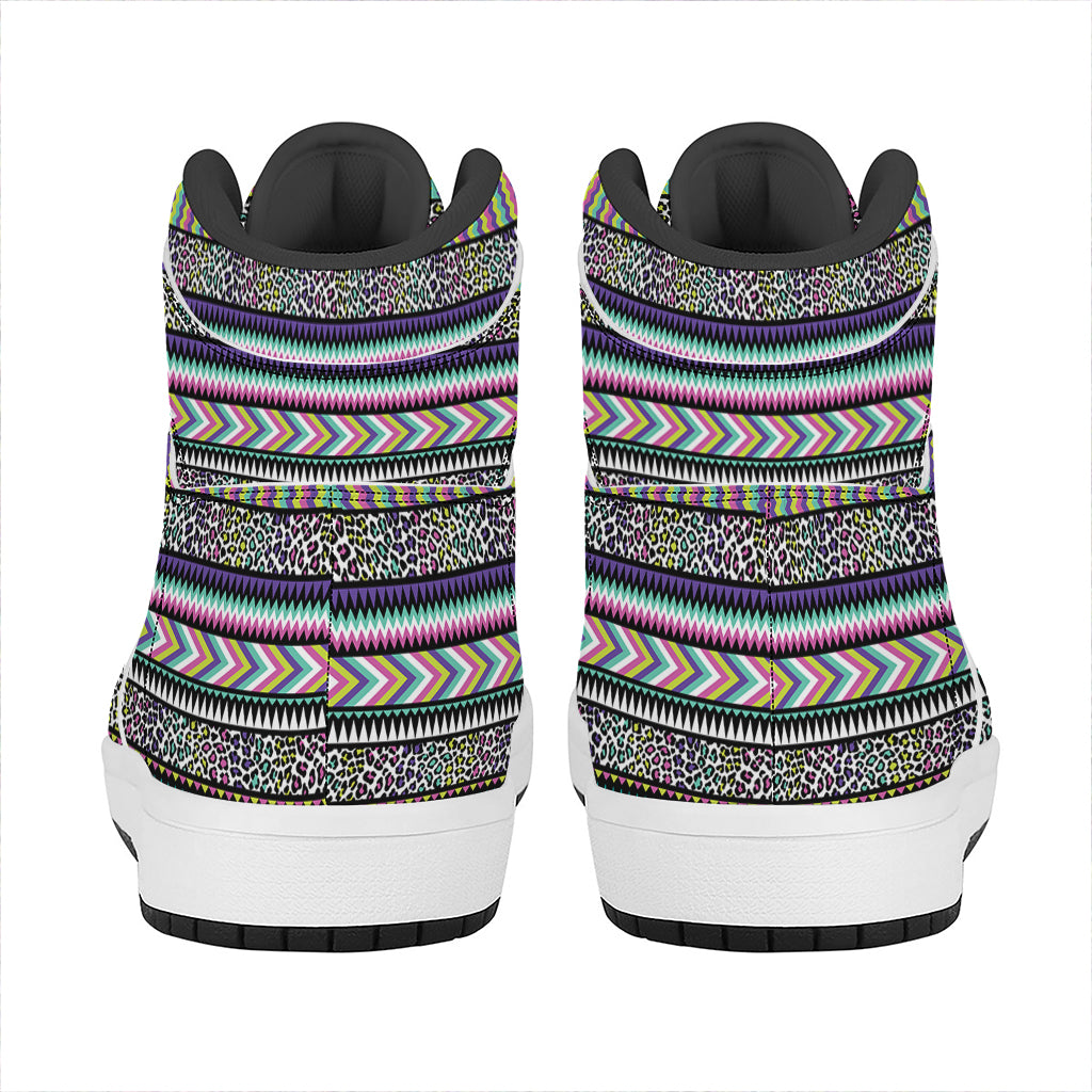 Colorful Leopard Navajo Tribal Print High Top Leather Sneakers
