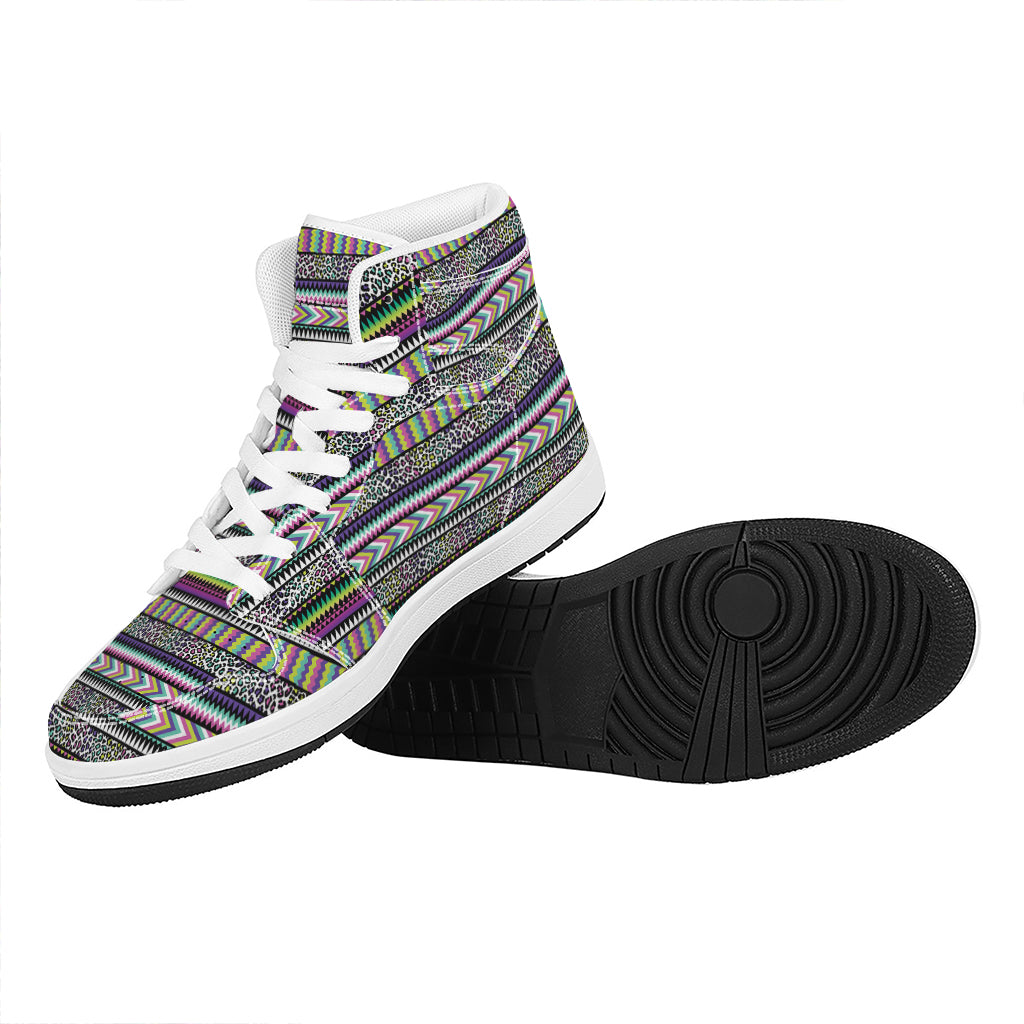 Colorful Leopard Navajo Tribal Print High Top Leather Sneakers