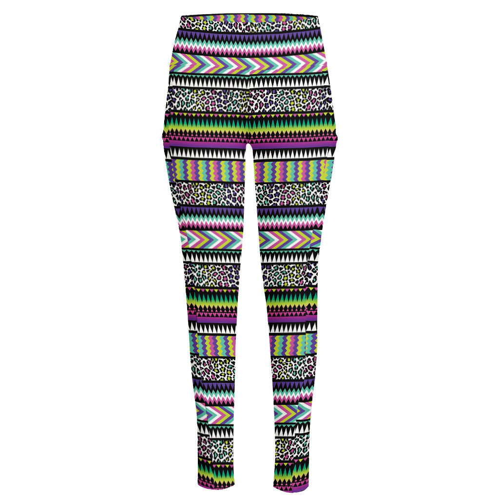 Colorful Leopard Navajo Tribal Print High-Waisted Pocket Leggings