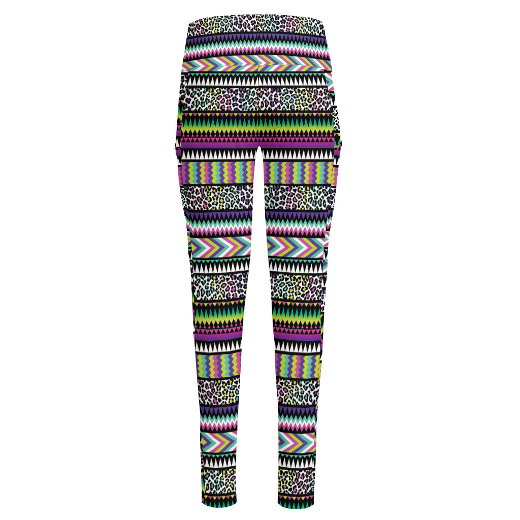 Colorful Leopard Navajo Tribal Print High-Waisted Pocket Leggings