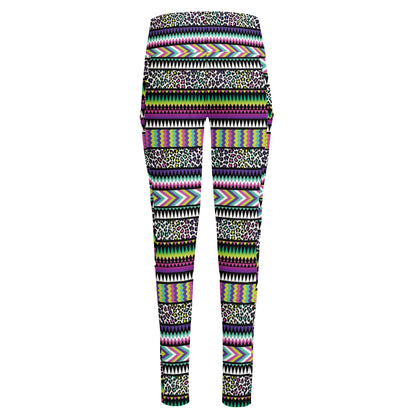 Colorful Leopard Navajo Tribal Print High-Waisted Pocket Leggings
