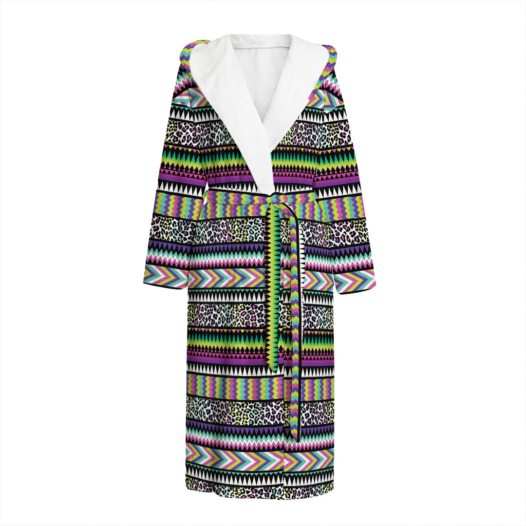 Colorful Leopard Navajo Tribal Print Hooded Bathrobe
