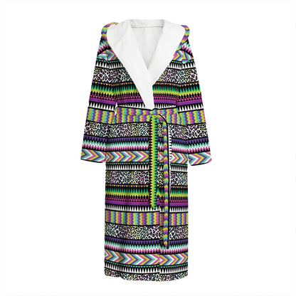 Colorful Leopard Navajo Tribal Print Hooded Bathrobe