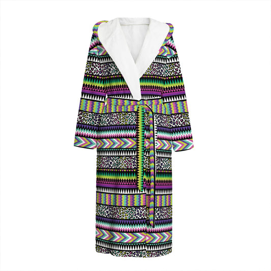 Colorful Leopard Navajo Tribal Print Hooded Bathrobe