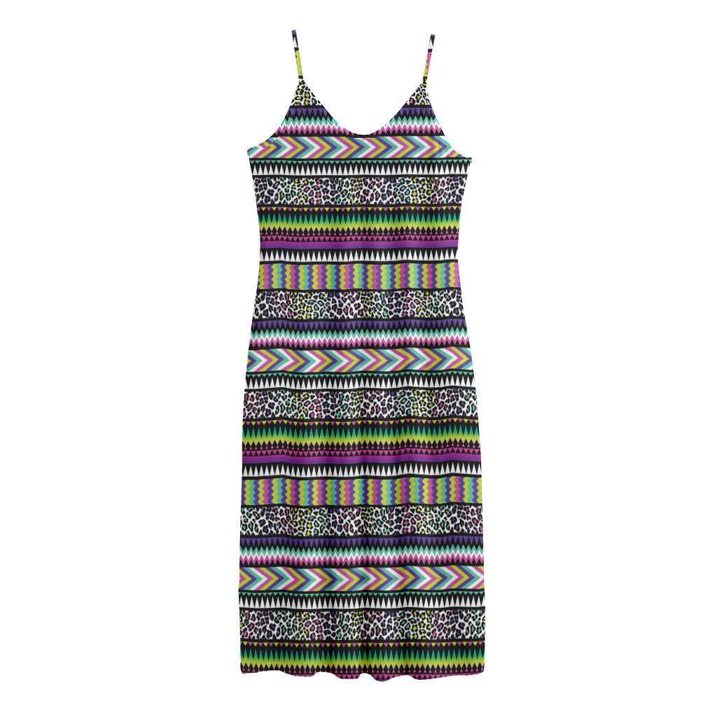 Colorful Leopard Navajo Tribal Print Jersey Midi Cami Dress