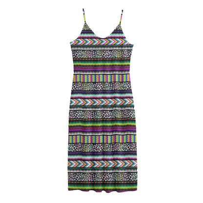 Colorful Leopard Navajo Tribal Print Jersey Midi Cami Dress