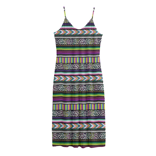Colorful Leopard Navajo Tribal Print Jersey Midi Cami Dress