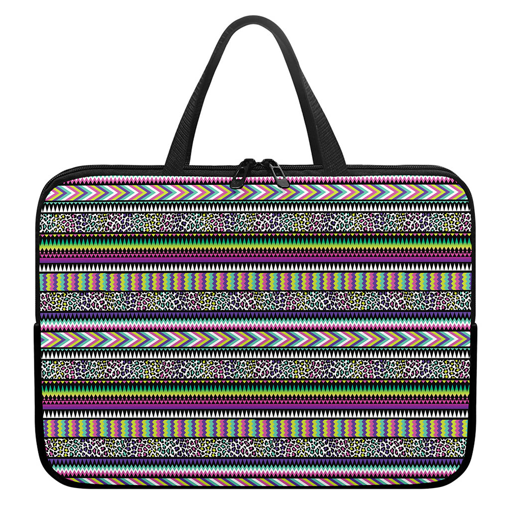 Colorful Leopard Navajo Tribal Print Laptop Sleeve With Handle
