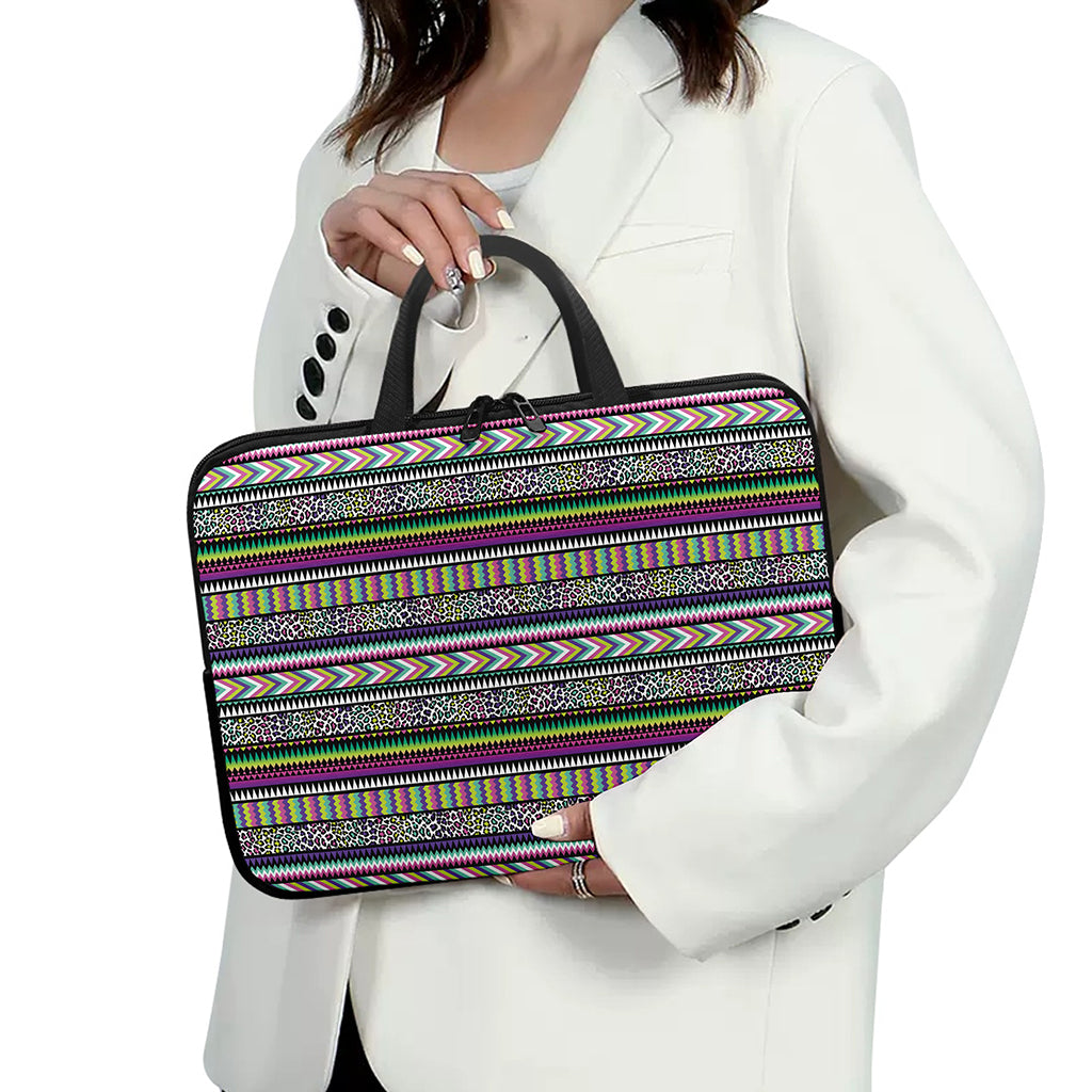 Colorful Leopard Navajo Tribal Print Laptop Sleeve With Handle