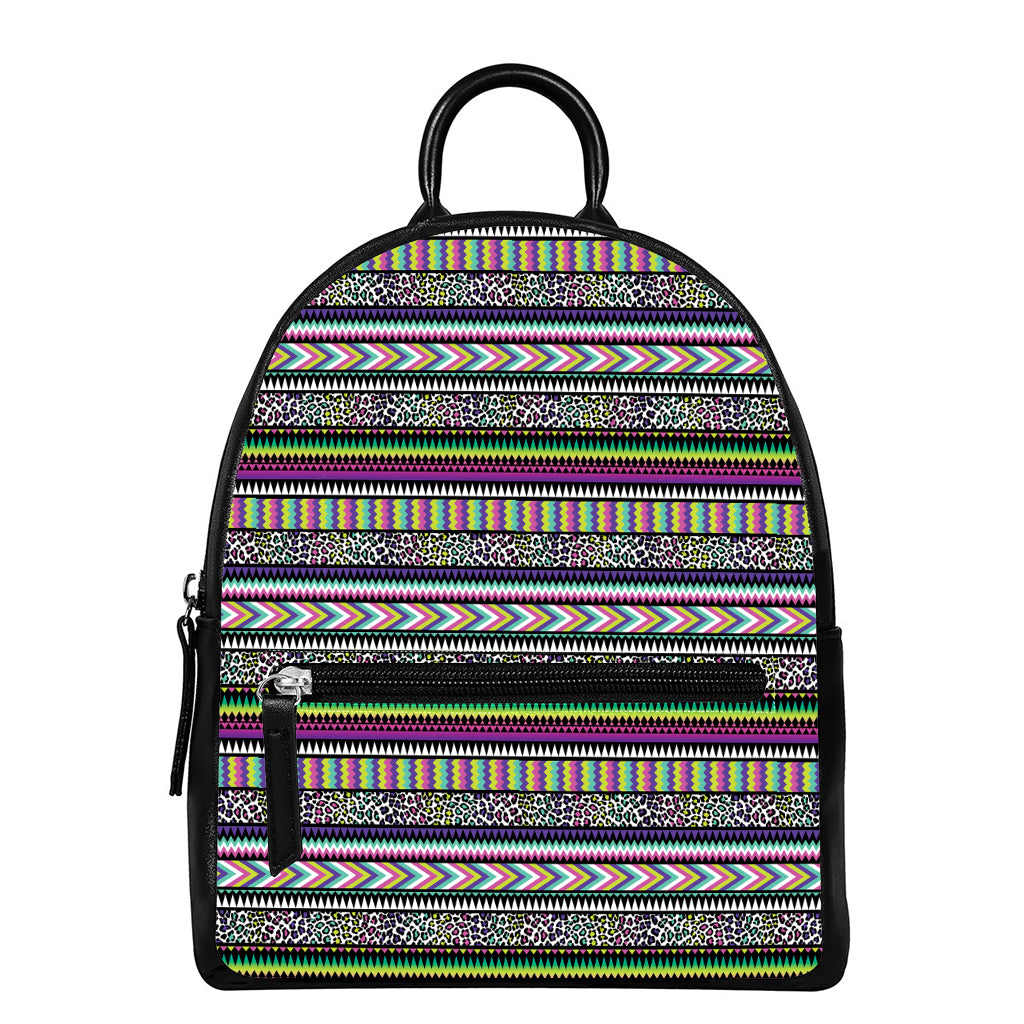 Colorful Leopard Navajo Tribal Print Leather Backpack