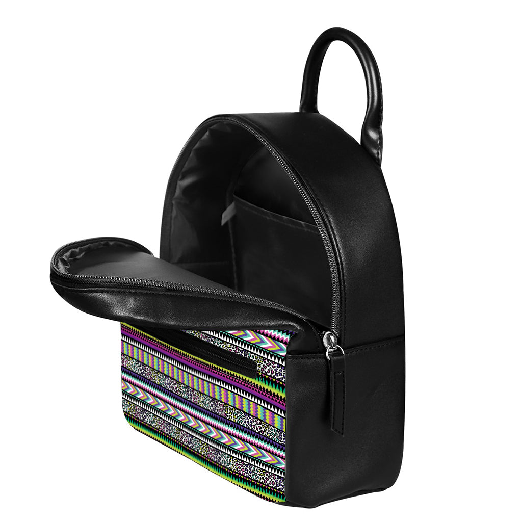 Colorful Leopard Navajo Tribal Print Leather Backpack
