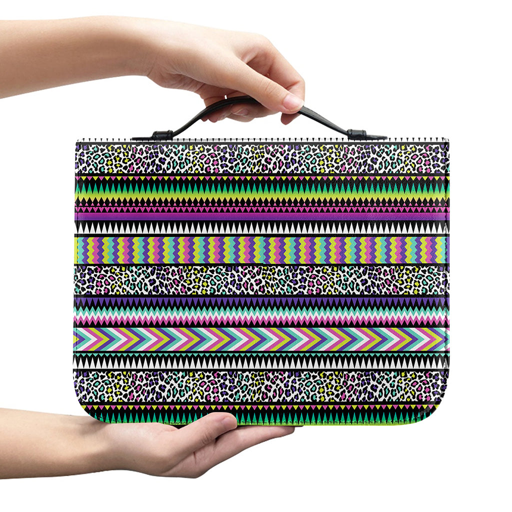 Colorful Leopard Navajo Tribal Print Leather Bible Cover