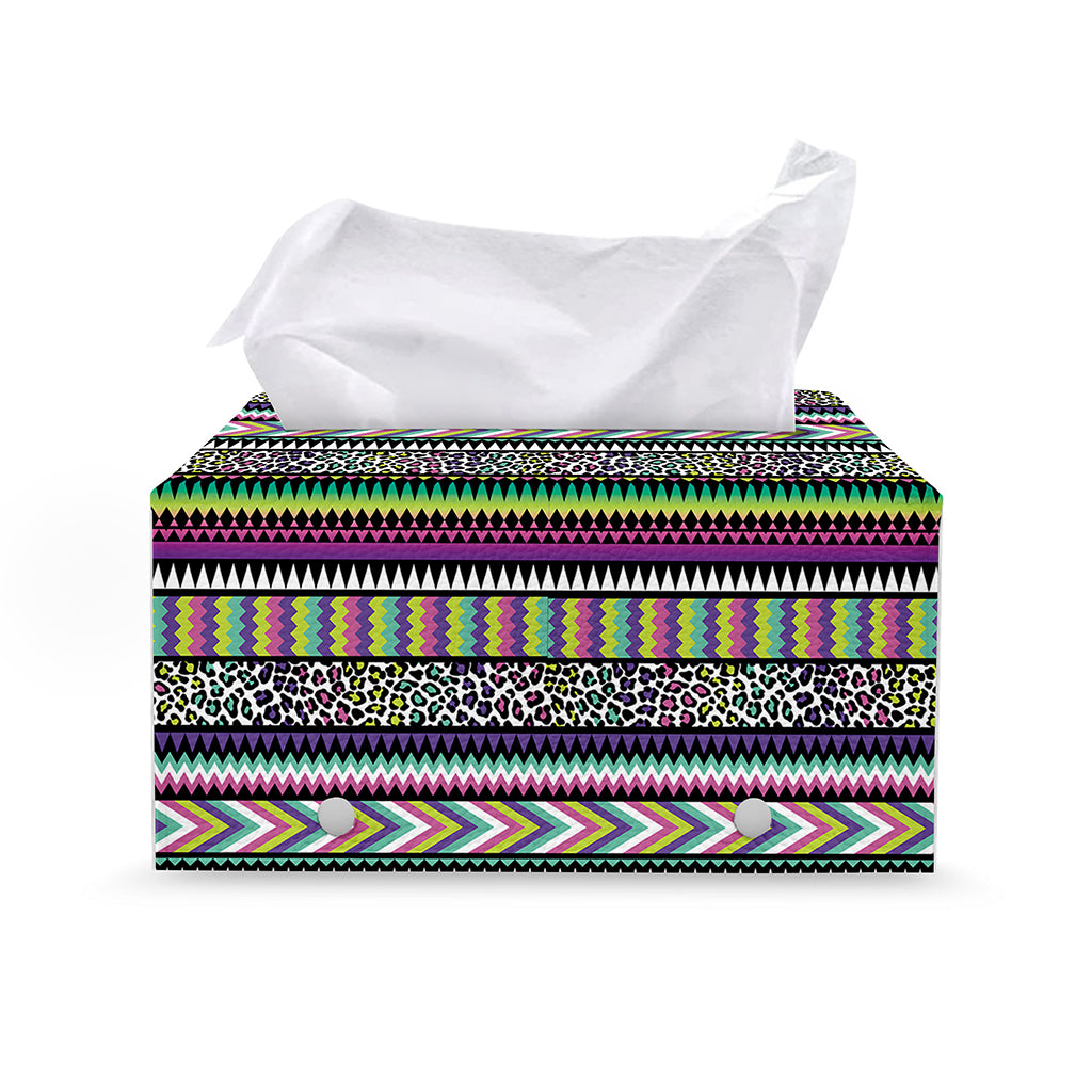 Colorful Leopard Navajo Tribal Print Leather Tissue Box Cover