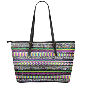 Colorful Leopard Navajo Tribal Print Leather Tote Bag