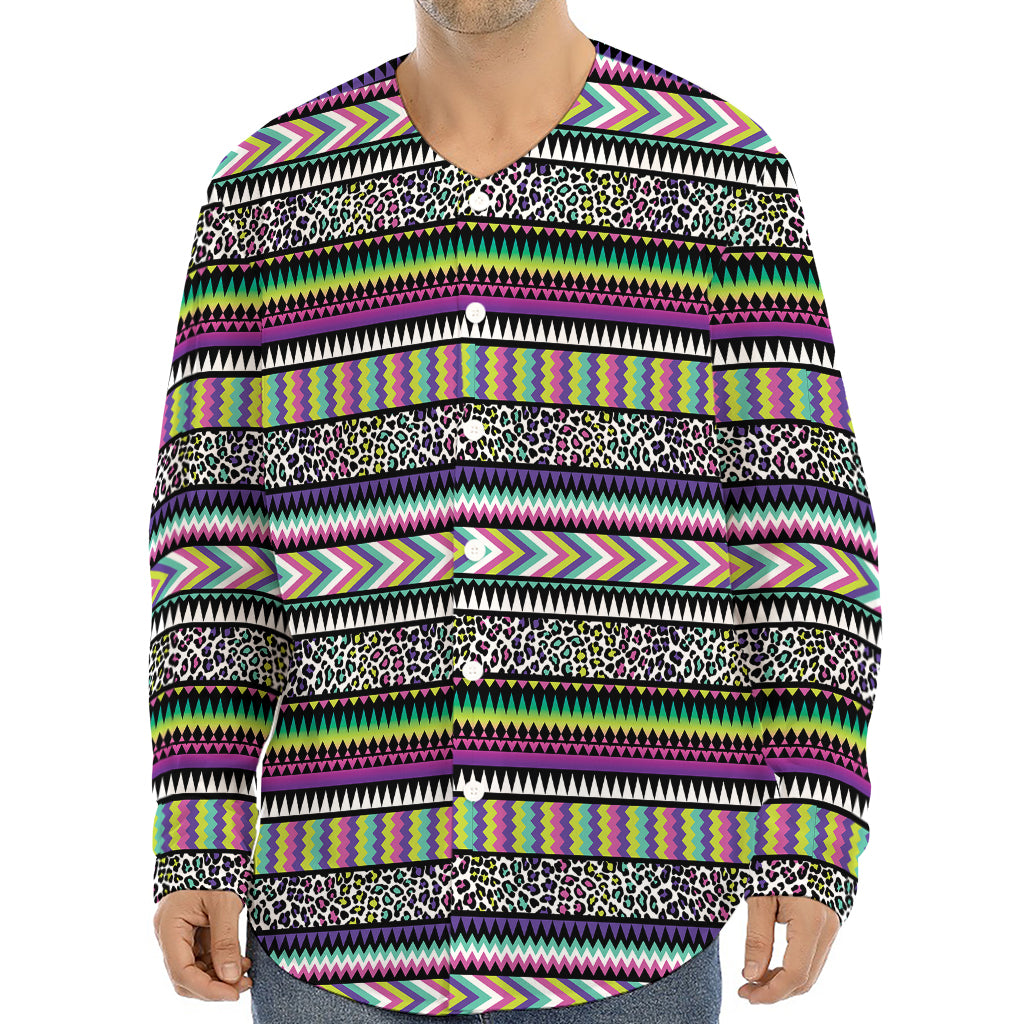 Colorful Leopard Navajo Tribal Print Long Sleeve Baseball Jersey