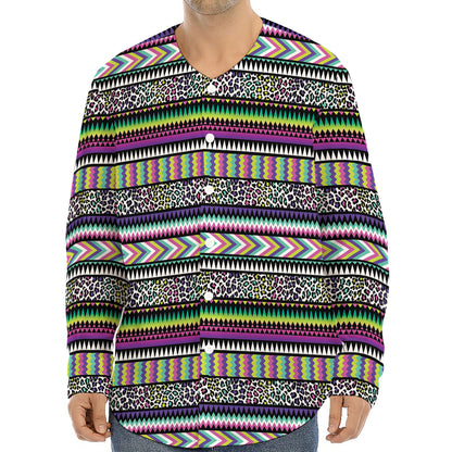 Colorful Leopard Navajo Tribal Print Long Sleeve Baseball Jersey