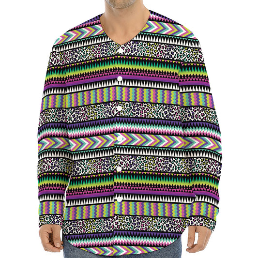 Colorful Leopard Navajo Tribal Print Long Sleeve Baseball Jersey